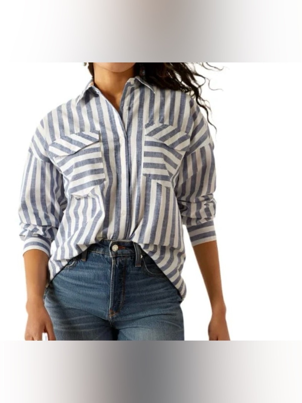 Ariat Blue and White Vertical Stripe Button-Down Shirt size L